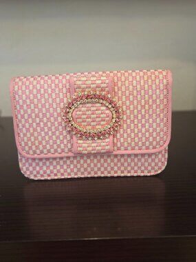 Emanuela Caruso Capri Pink Woven Crystal Buckle Crossbody Shoulder Bag Gold